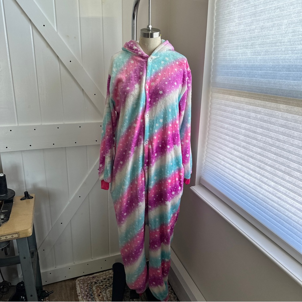 Adult Fleece Rainbow Unicorn Striped Onesie Pajama / Costume
